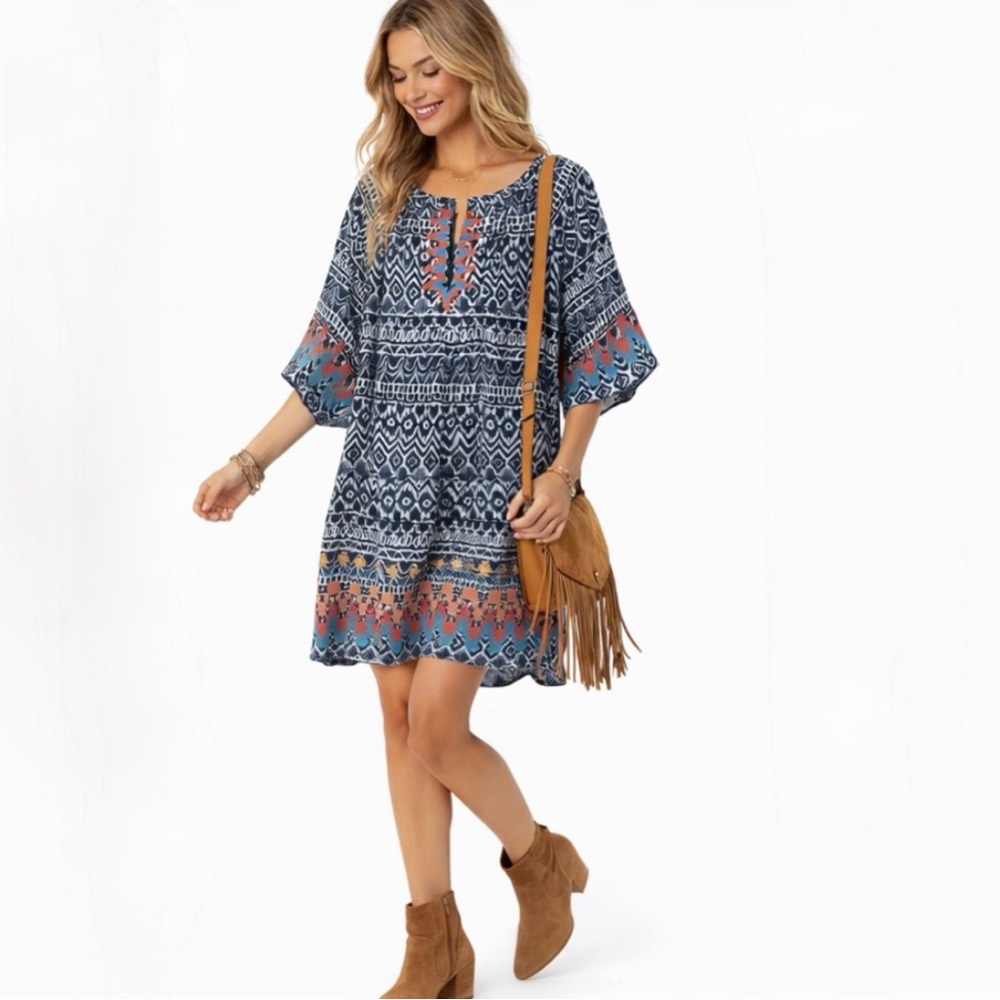 Uncle Frank Navy Geometric Southwestern Embroidered  Boho Dress Size Small💛